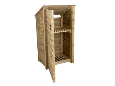 Wooden log store (roof sloping back) with door and kindling shelf W-99cm, H-180cm, D-88cm - natural (light green) finish