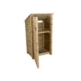 Wooden log store (roof sloping back) with door and kindling shelf W-99cm, H-180cm, D-88cm - natural (light green) finish
