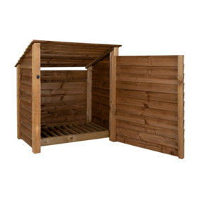 Wooden log store (roof sloping back) with door W-119cm, H-126cm, D-88cm - brown finish