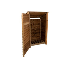 Wooden log store (roof sloping back) with door W-119cm, H-180cm, D-88cm - brown finish