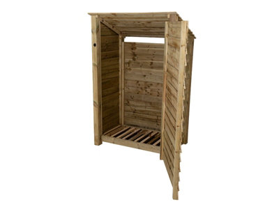 Wooden log store (roof sloping back) with door W-119cm, H-180cm, D-88cm - natural (light green) finish