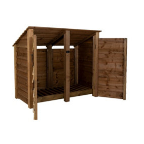 Wooden log store (roof sloping back) with door W-146cm, H-126cm, D-88cm - brown finish
