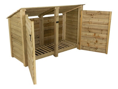 Wooden log store (roof sloping back) with door W-146cm, H-126cm, D-88cm - natural (light green) finish