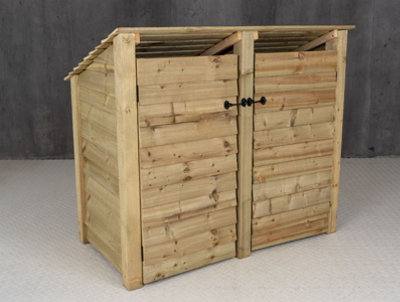 Wooden log store (roof sloping back) with door W-146cm, H-126cm, D-88cm - natural (light green) finish