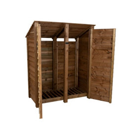 Wooden log store (roof sloping back) with door W-146cm, H-180cm, D-88cm - brown finish