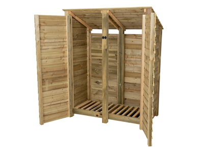 Wooden log store (roof sloping back) with door W-146cm, H-180cm, D-88cm - natural (light green) finish