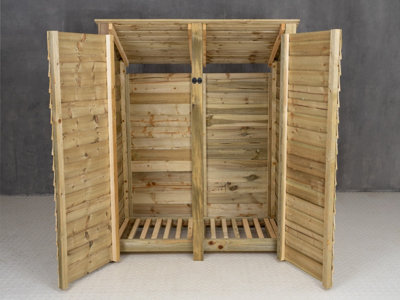 Wooden log store (roof sloping back) with door W-146cm, H-180cm, D-88cm - natural (light green) finish