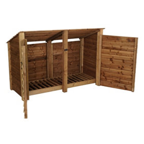 Wooden log store (roof sloping back) with door W-187cm, H-126cm, D-88cm - brown finish