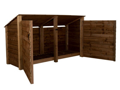 Wooden log store (roof sloping back) with door W-227cm, H-126cm, D-88cm - brown finish