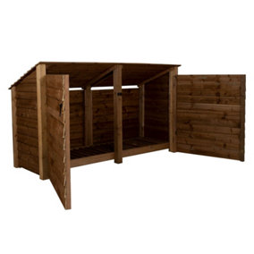 Wooden log store (roof sloping back) with door W-227cm, H-126cm, D-88cm - brown finish