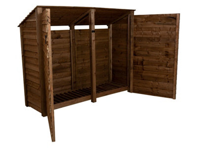 Wooden log store (roof sloping back) with door W-227cm, H-180cm, D-88cm - brown finish