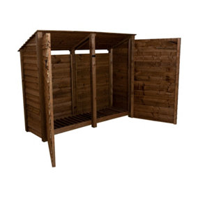 Wooden log store (roof sloping back) with door W-227cm, H-180cm, D-88cm - brown finish