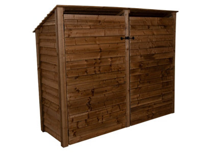 Wooden log store (roof sloping back) with door W-227cm, H-180cm, D-88cm - brown finish