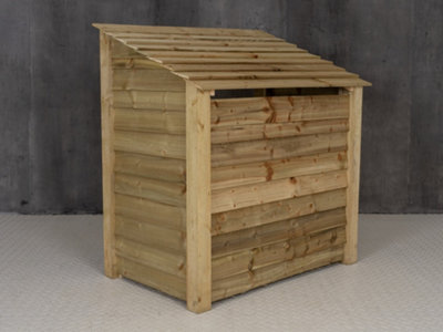 Wooden log store (roof sloping back) with kindling shelf W-119cm, H-126cm, D-88cm - natural (light green) finish