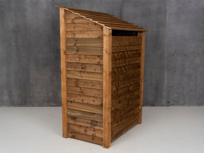 Wooden log store (roof sloping back) with kindling shelf W-119cm, H-180cm, D-88cm - brown finish