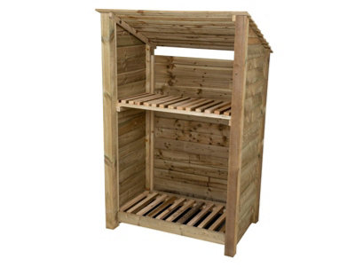 Wooden log store (roof sloping back) with kindling shelf W-119cm, H-180cm, D-88cm - natural (light green) finish