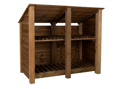 Wooden log store (roof sloping back) with kindling shelf W-146cm, H-126cm, D-88cm - brown finish