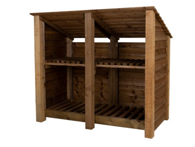 Wooden log store (roof sloping back) with kindling shelf W-146cm, H-126cm, D-88cm - brown finish