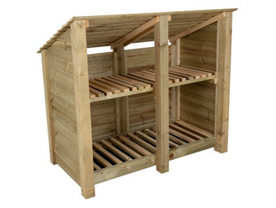 Wooden log store (roof sloping back) with kindling shelf W-146cm, H-126cm, D-88cm - natural (light green) finish