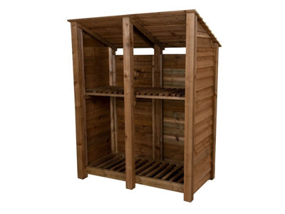 Wooden log store (roof sloping back) with kindling shelf W-146cm, H-180cm, D-88cm - brown finish