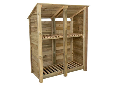 Wooden log store (roof sloping back) with kindling shelf W-146cm, H-180cm, D-88cm - natural (light green) finish