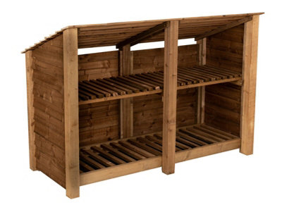 Wooden log store (roof sloping back) with kindling shelf W-187cm, H-126cm, D-88cm - brown finish