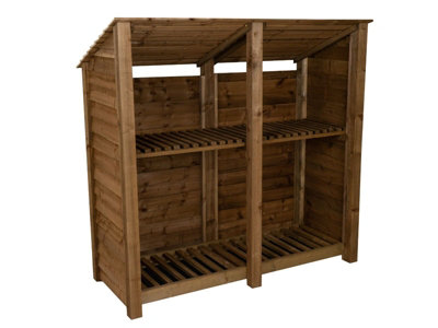 Wooden log store (roof sloping back) with kindling shelf W-187cm, H-180cm, D-88cm - brown finish