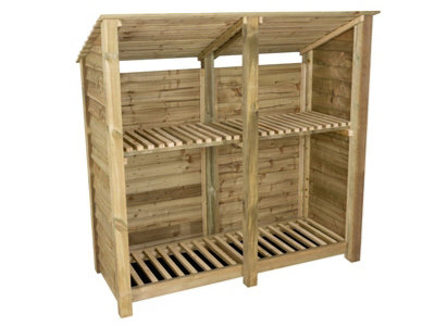 Wooden log store (roof sloping back) with kindling shelf W-187cm, H-180cm, D-88cm - natural (light green) finish