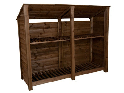 Wooden log store (roof sloping back) with kindling shelf W-227cm, H-180cm, D-88cm - brown finish