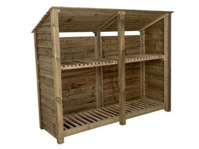 Wooden log store (roof sloping back) with kindling shelf W-227cm, H-180cm, D-88cm - natural (light green) finish