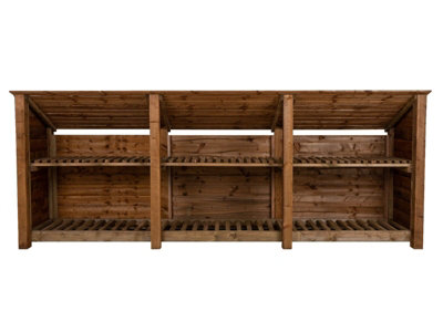 Wooden log store (roof sloping back) with kindling shelf W-335cm, H-126cm, D-88cm - brown finish