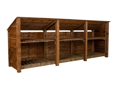 Wooden log store (roof sloping back) with kindling shelf W-335cm, H-126cm, D-88cm - brown finish