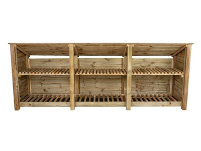 Wooden log store (roof sloping back) with kindling shelf W-335cm, H-126cm, D-88cm - natural (light green) finish