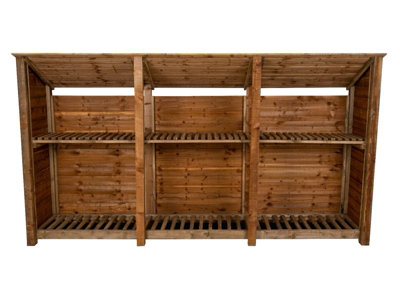 Wooden log store (roof sloping back) with kindling shelf W-335cm, H-180cm, D-88cm - brown finish