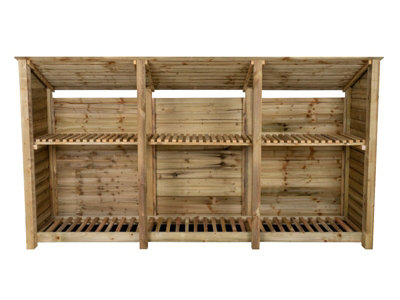 Wooden log store (roof sloping back) with kindling shelf W-335cm, H-180cm, D-88cm - natural (light green) finish