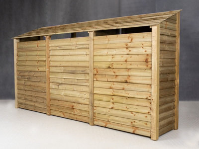 Wooden log store (roof sloping back) with kindling shelf W-335cm, H-180cm, D-88cm - natural (light green) finish