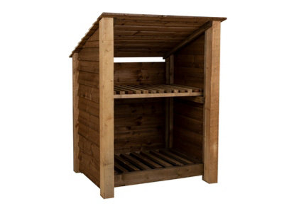 Wooden log store (roof sloping back) with kindling shelf W-99cm, H-126cm, D-88cm - brown finish