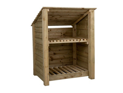 Wooden log store (roof sloping back) with kindling shelf W-99cm, H-126cm, D-88cm - natural (light green) finish