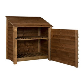 Wooden log store with door and kindling shelf W-119cm, H-126cm, D-88cm - brown finish