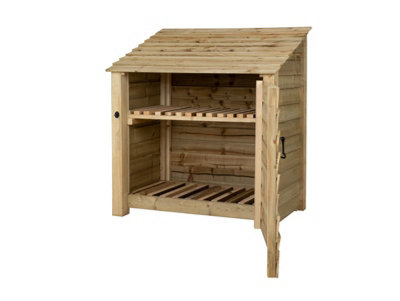 Wooden log store with door and kindling shelf W-119cm, H-126cm, D-88cm - natural (light green) finish