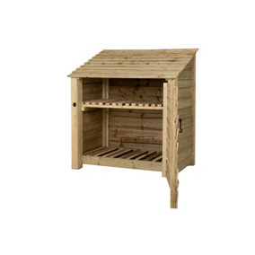 Wooden log store with door and kindling shelf W-119cm, H-126cm, D-88cm - natural (light green) finish