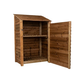 Wooden log store with door and kindling shelf W-119cm, H-180cm, D-88cm - brown finish
