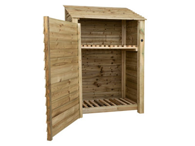 Wooden log store with door and kindling shelf W-119cm, H-180cm, D-88cm - natural (light green) finish