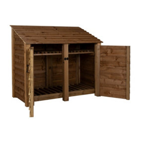 Wooden log store with door and kindling shelf W-146cm, H-126cm, D-88cm - brown finish