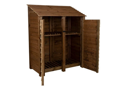 Wooden log store with door and kindling shelf W-146cm, H-180cm, D-88cm - brown finish