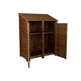 Wooden log store with door and kindling shelf W-146cm, H-180cm, D-88cm - brown finish