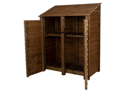 Wooden log store with door and kindling shelf W-146cm, H-180cm, D-88cm - brown finish