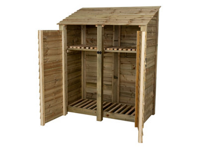Wooden log store with door and kindling shelf W-146cm, H-180cm, D-88cm - natural (light green) finish