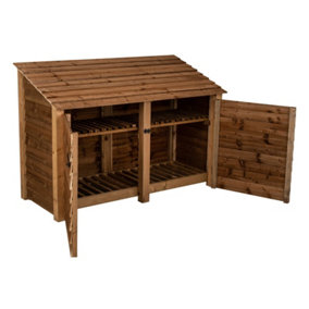Wooden log store with door and kindling shelf W-187cm, H-126cm, D-88cm - brown finish