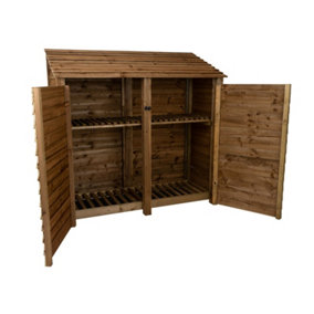 Wooden log store with door and kindling shelf W-187cm, H-180cm, D-88cm - brown finish